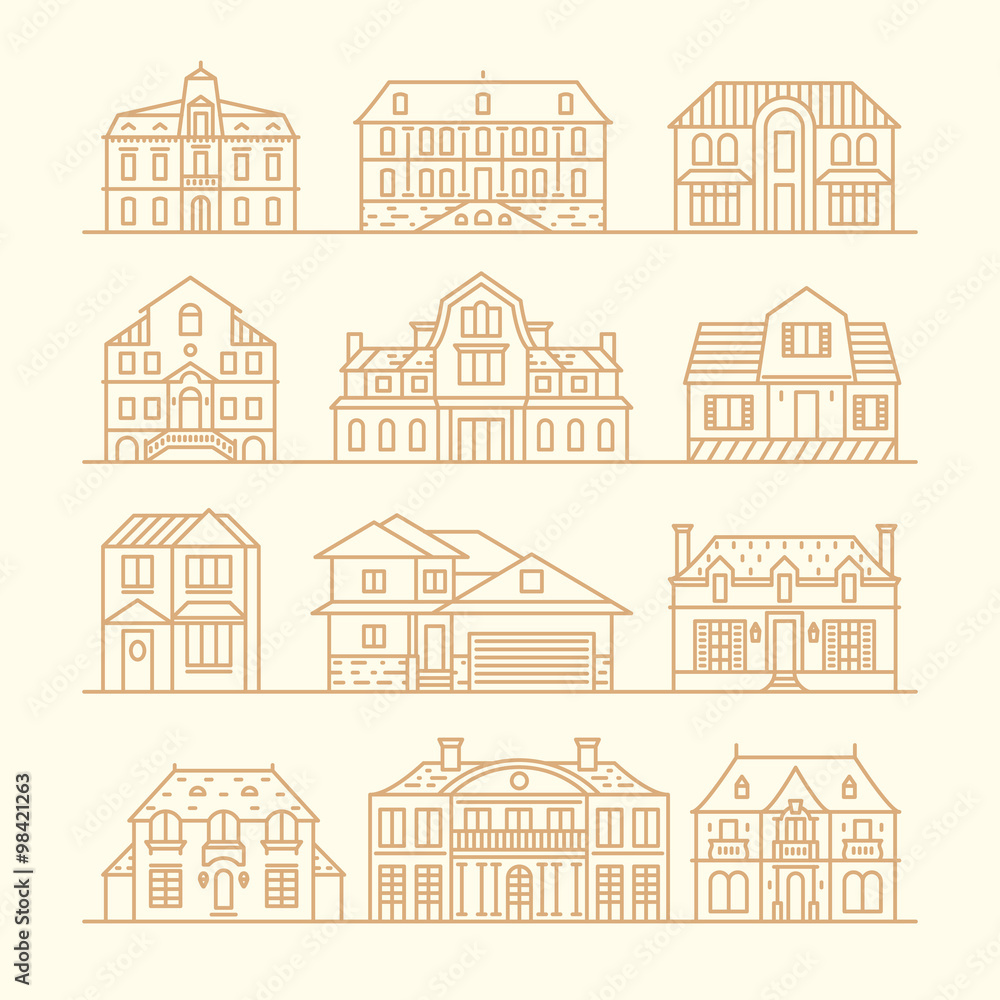 Big set houses icons elements vector linear style