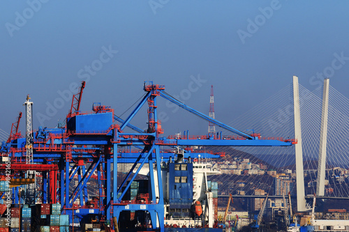 cargo cranes working in the port of Vladivostok