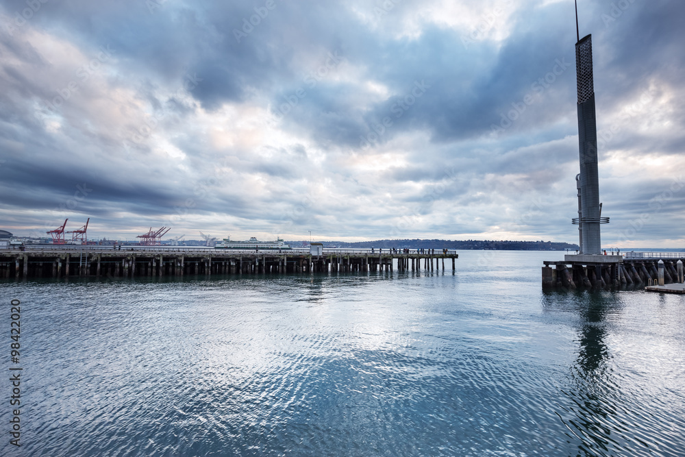 wooden dock on the sea in cloudy sky