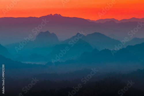 Colorful multi colors of silhouette mountain and sky at twilight