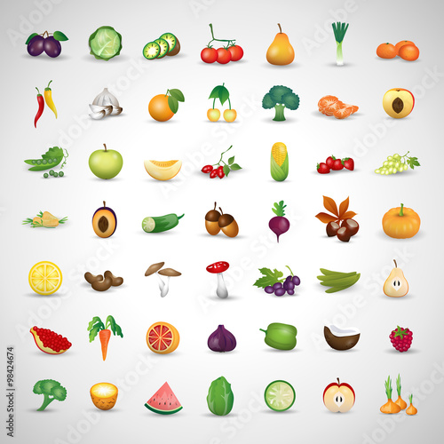 Fototapeta Naklejka Na Ścianę i Meble -  Fruits And Vegetables Set - Isolated On Background - Vector Illustration, Graphic Design. For Web, Websites, Print, Presentation Templates, Mobile Applications And Promotional Materials