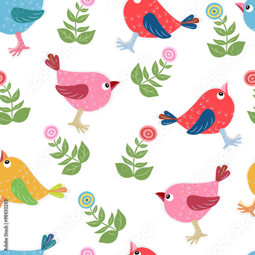 Seamless pattern with birds and flowers