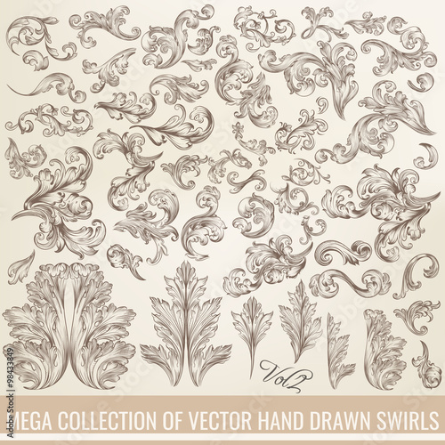 Collection of vector hand drawn flourishes in engraved style. Me