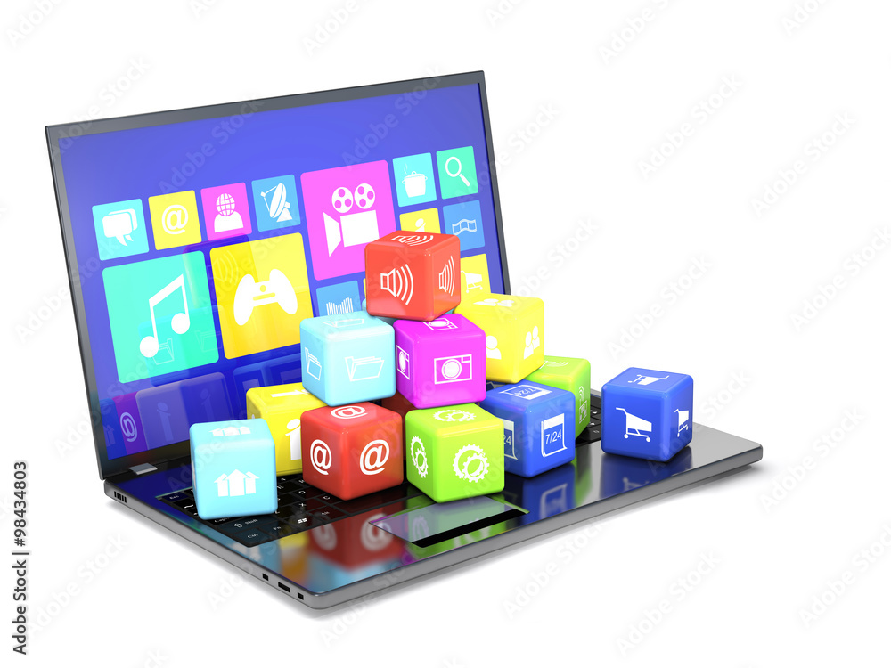 Laptop and cubes with icons on the keyboard. Laptop and cubes with icons on the keyboard.