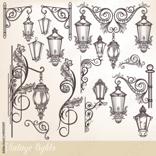 Collection of vector street lamps and calligraphic elements