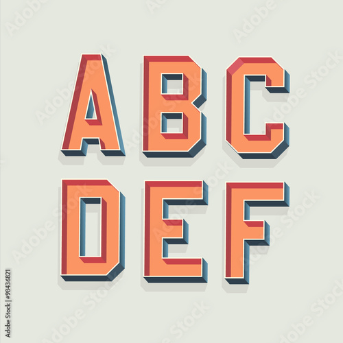 Vector Retro 3D Font with shadow. Vintage Alphabet from A to F