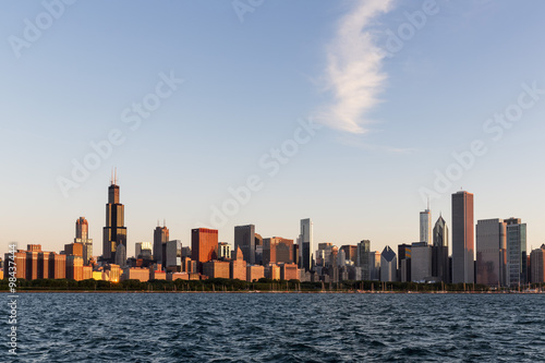 USA, Illinois, Chicago, Skyline, Willis Tower and Lake Michigan photo
