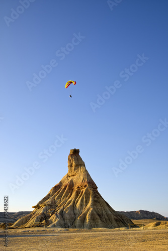 Spain, Navarra, Bardenas Reales, Semi-desert natural region, Nature Park, Cabezo Castildetierra, hang glider photo