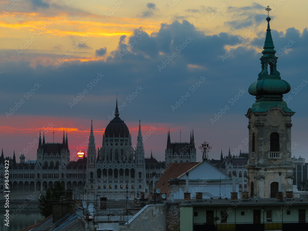 View of Hungarian Parliament at sunset, Budapest Hungary