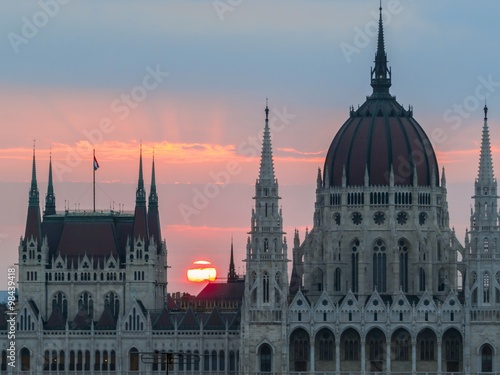 View of Hungarian Parliament at sunset, Budapest Hungary