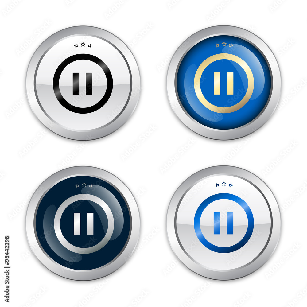 Pause seals or icons with pause symbol. Glossy silver seals or buttons. Pause seals or icons with pause symbol. Glossy silver seals or buttons.