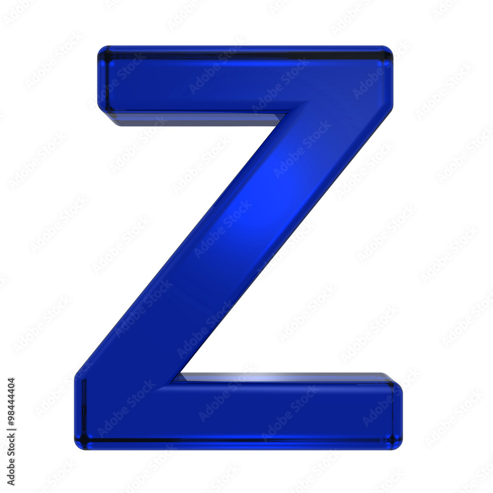 One letter from blue glass alphabet set, isolated on white. Computer generated 3D photo rendering. One letter from blue glass alphabet set, isolated on white. Computer generated 3D photo rendering.