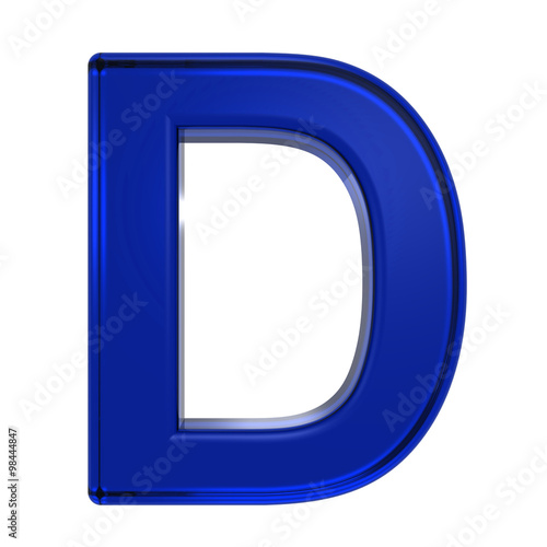 One letter from blue glass alphabet set, isolated on white. Computer generated 3D photo rendering.