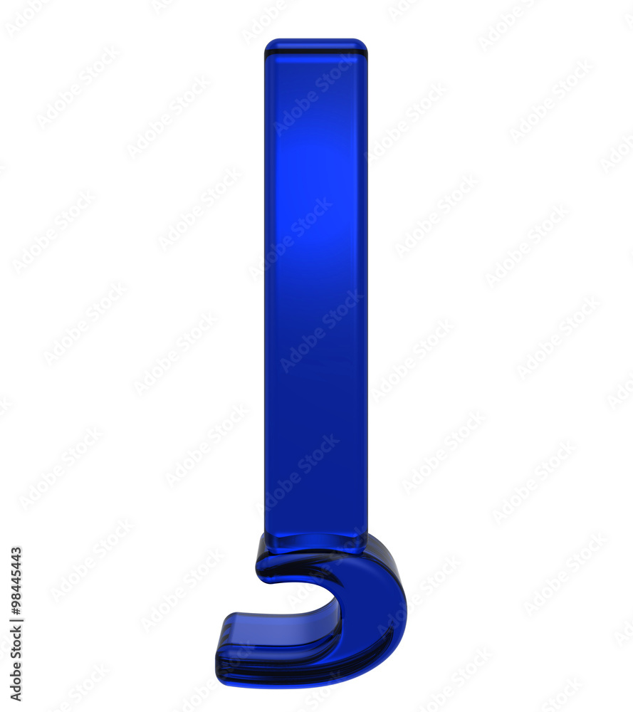One letter from blue glass alphabet set, isolated on white. Computer generated 3D photo rendering.