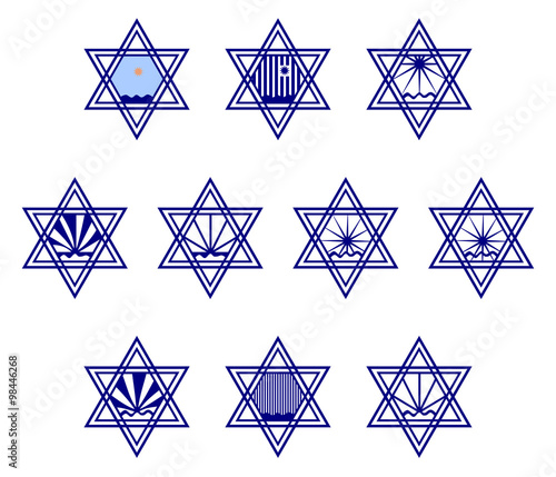 Character set containing symbols hexagram on the surface of the water and the sun or the rain - blue and white and color - a reference to the West Bank. Graphic design for labeling goods.