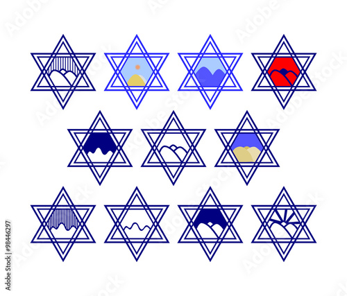 Set of characters comprising hexagram symbols and the silhouette of the hills and the sun or the rain - blue and white and color - a reference to the Golan Heights. Graphic design for labeling goods.