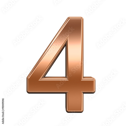 One digit from shiny copper alphabet set, isolated on white. Computer generated 3D photo rendering.