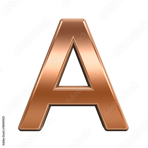 One letter from shiny copper alphabet set, isolated on white. Computer generated 3D photo rendering.