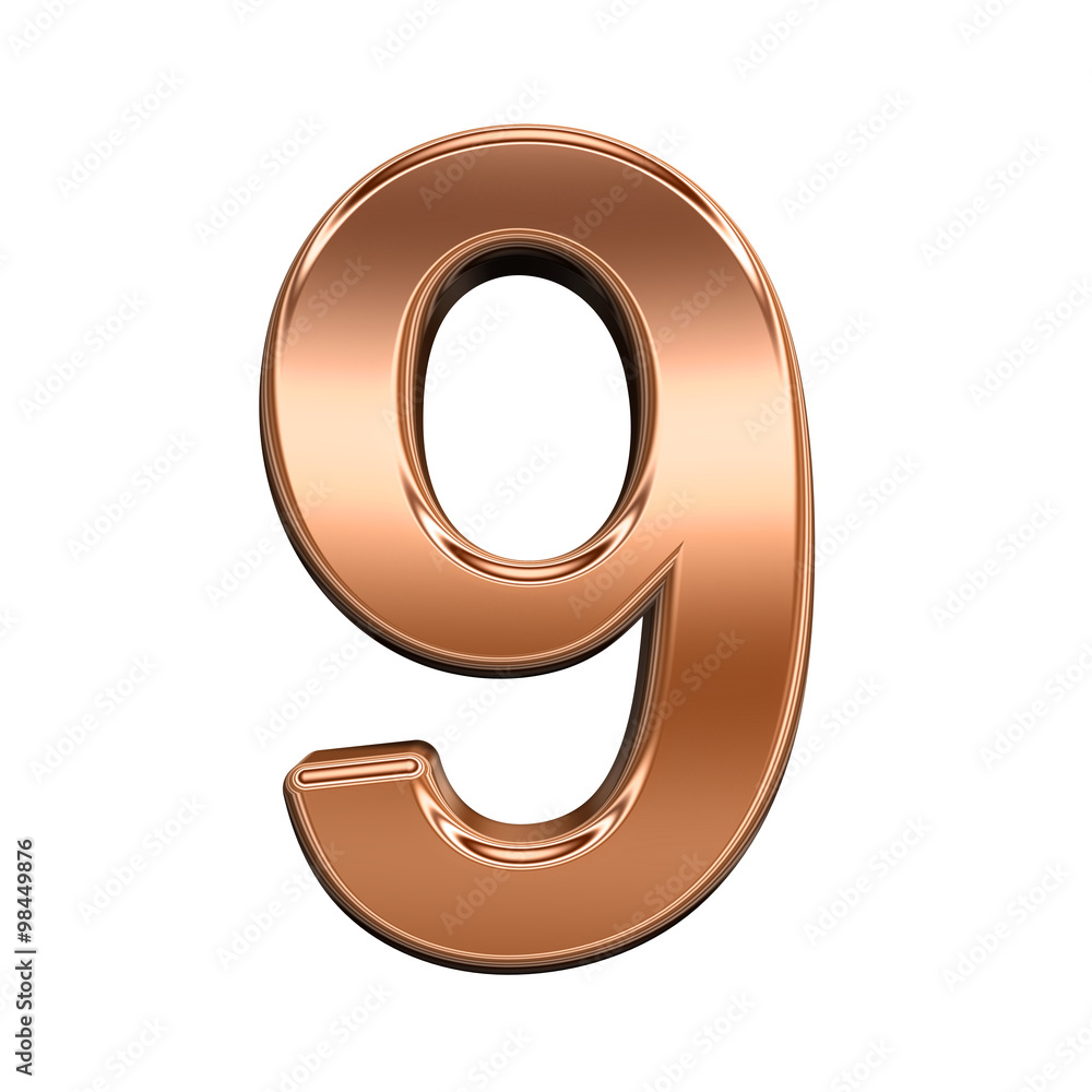 One digit from shiny copper alphabet set, isolated on white. Computer generated 3D photo rendering. One digit from shiny copper alphabet set, isolated on white. Computer generated 3D photo rendering.
