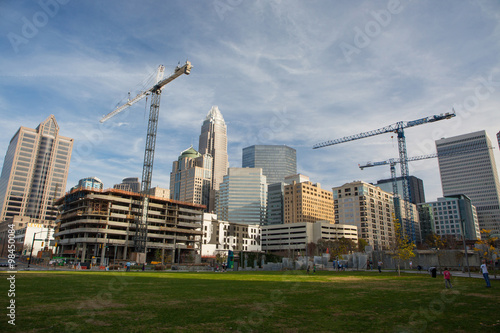 Skyline of downtown Charlotte, North Carolina, with construction cranes