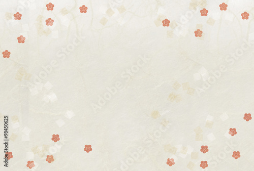 紅梅　白い和紙　金箔散らし　和風背景　ハガキ比率　グラフィック素材