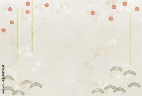 縁起物　松竹梅　白い和紙テクスチャ　金箔散ら　ハガキ比率　グラフィック素材　 © Mizuirokotori 水色ことり