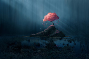 Pink tree in blue forest