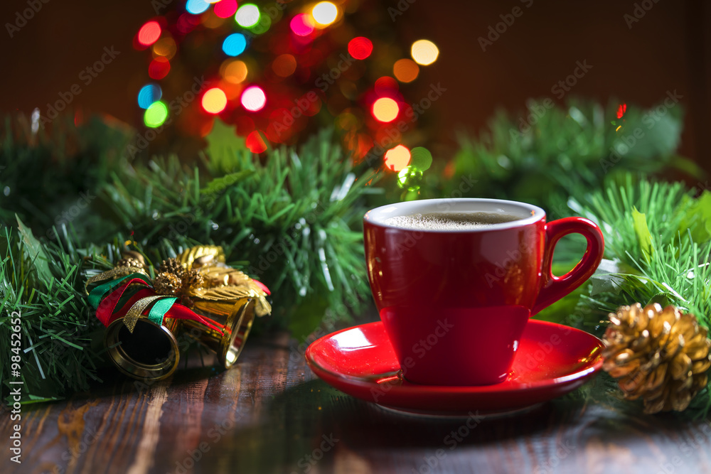 Cup of coffee with Christmas decorations. Cup of coffee with Christmas decorations.