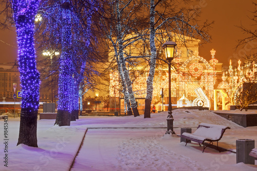 Christmas and New Year Moscow. Fair and decorations on the Theatre Square and Revolution Square on the background of the Bolshoi Theatre