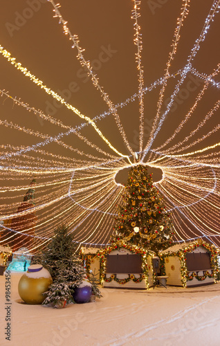 Christmas and New Year Moscow. Fair and decorations on Manezh Square. Shooting fisheye lens