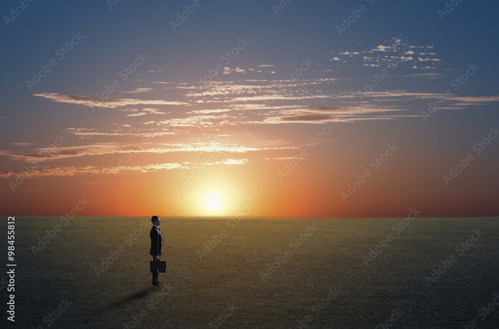 Businessman in a field at dusk