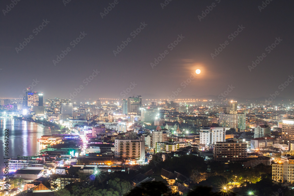 cityscape with full moon at pattaya in Thailand cityscape with full moon at pattaya in Thailand