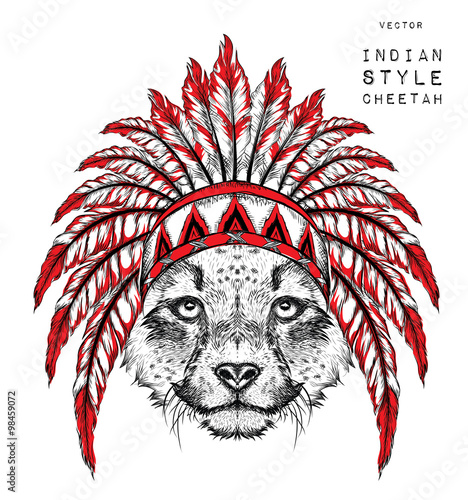 Cheetah in the Indian roach. Indian feather headdress of eagle. Hand draw vector  illustration