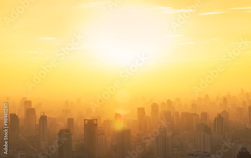 Aerial view to Bangkok downtown in the mist at sunrise, Thailan