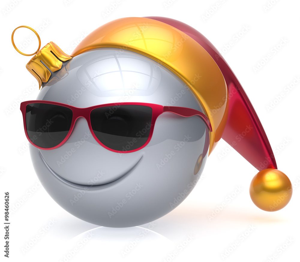 Christmas ball emoticon smiley face eyeglasses adornment New Year's Eve  bauble cartoon decoration cute white. Happy Merry Xmas cheerful glasses  smile avatar Santa hat laughing fun character. 3d render Stock Illustration