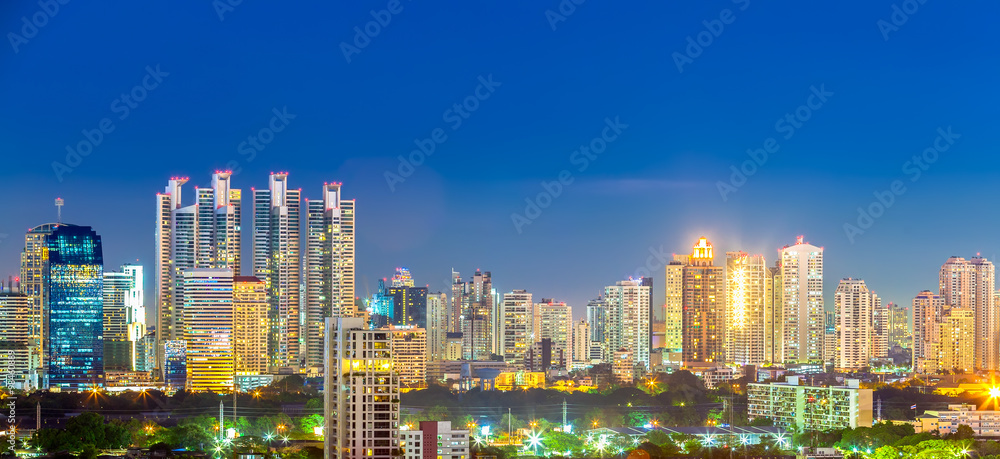 Panorama of Bangkok Cityscape in twilight, Business district wit