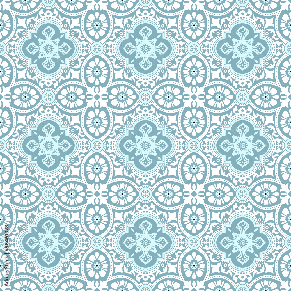 Seamless background image of vintage white lace flower kaleidoscope pattern.
