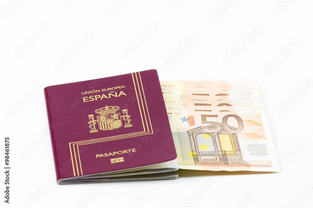 Spanish passport with european union currency in a wallet and map as a background
Spanish passport with european union currency in a wallet and map as a background