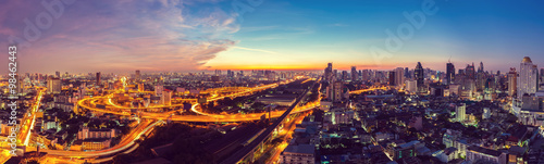 Bangkok Expressway top view in panorama at sunrise  Thailand.
