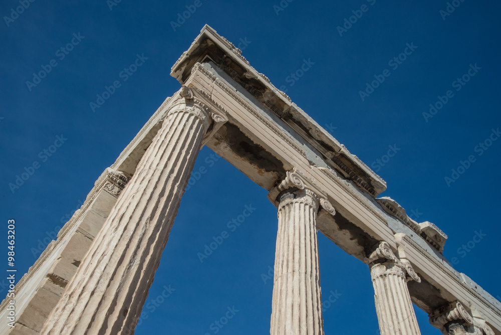 Detail of columns on the Parthenon atop the Acropolis in Athens, Greece