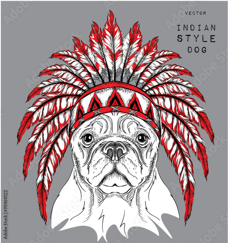 Dog in the colored Indian roach. Indian feather headdress of eagle. Hand draw vector  illustration