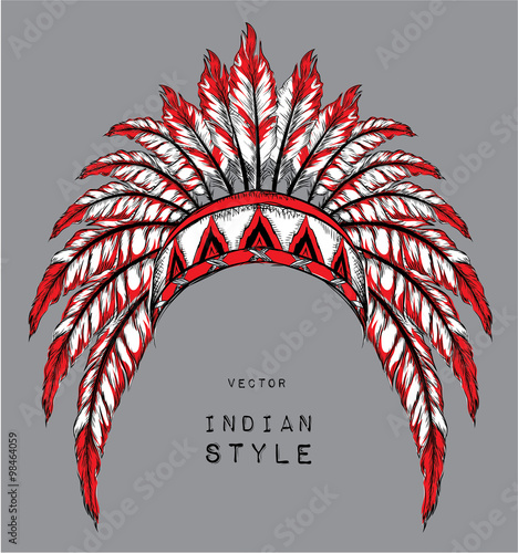 Native American Indian colored chief. Red and black roach. Indian feather headdress of eagle.