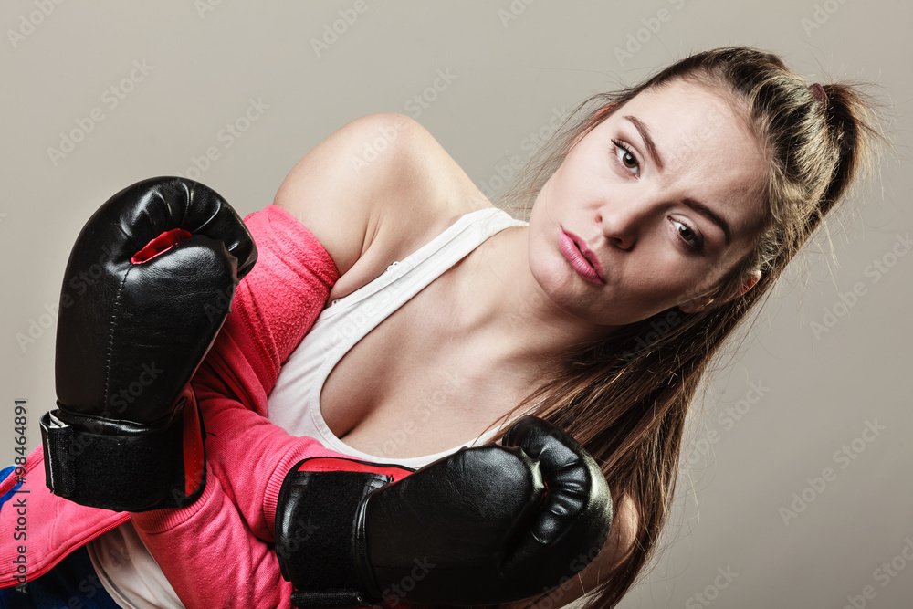 Seductive woman training. Boxing.