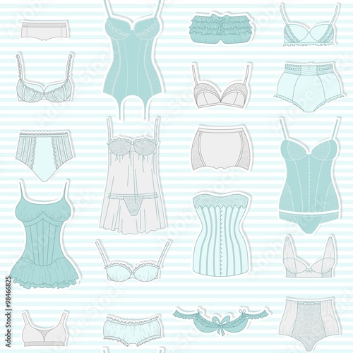 Seamless background pattern. Retro lingerie. Vector bras and pan