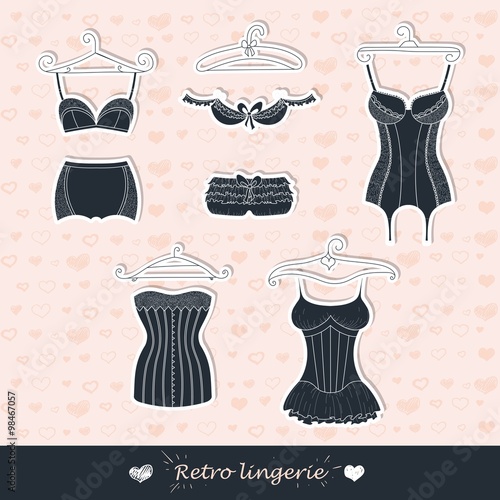 Black retro lingerie. Hand drawing. Vector illustration.