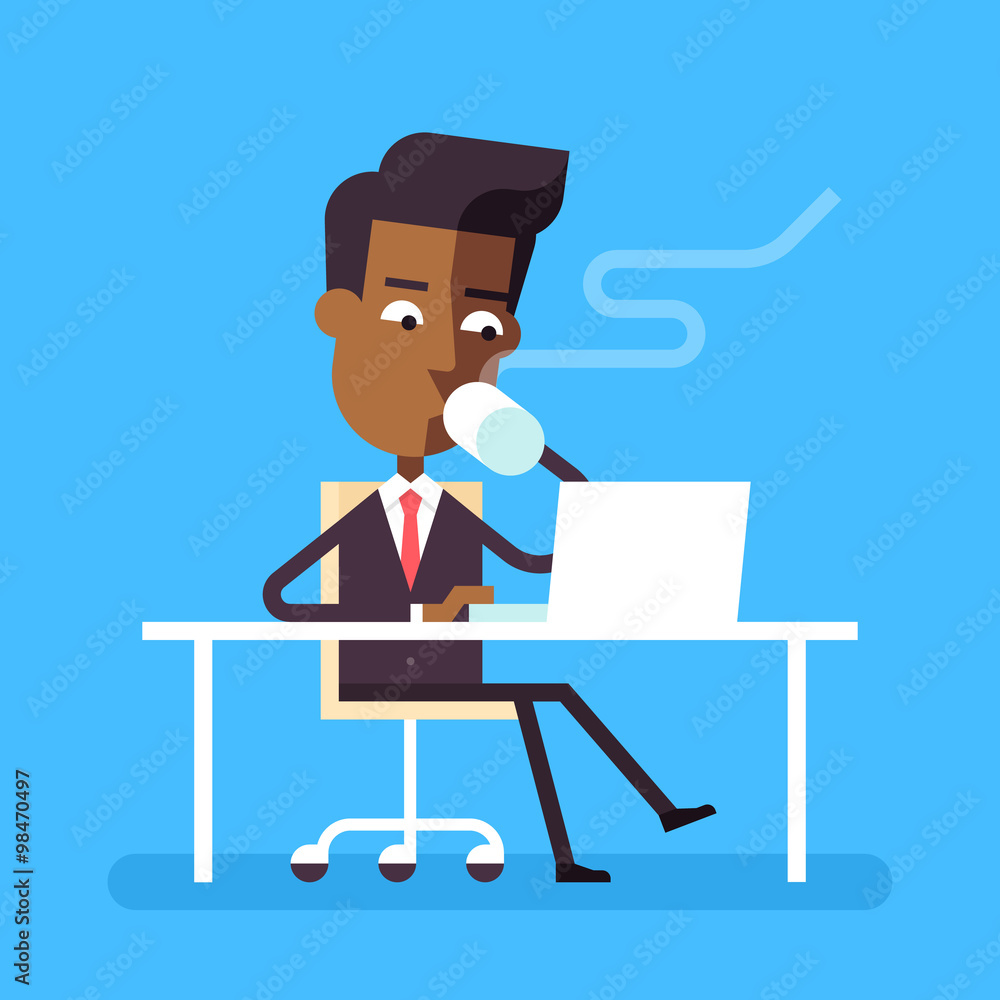 Handsome man in formal suit is sitting legs crossed at the desk with a  laptop and drinking hot beverage. Cartoon character - businessman. Stock  vector illustration in flat design. Stock Illustration |