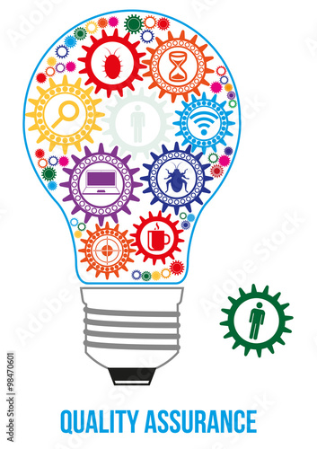 QA engineer design concept. Light bulb composed of interconnected gears with different components of quality assurance. Last gear is missed - that will connect all of them - last part of solution.