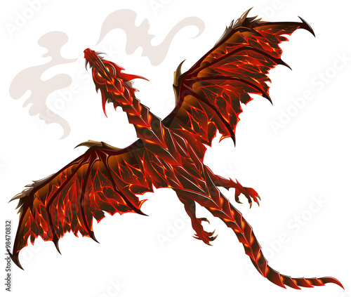 Lava dragon, terrible creature breathing fire, vector illustration