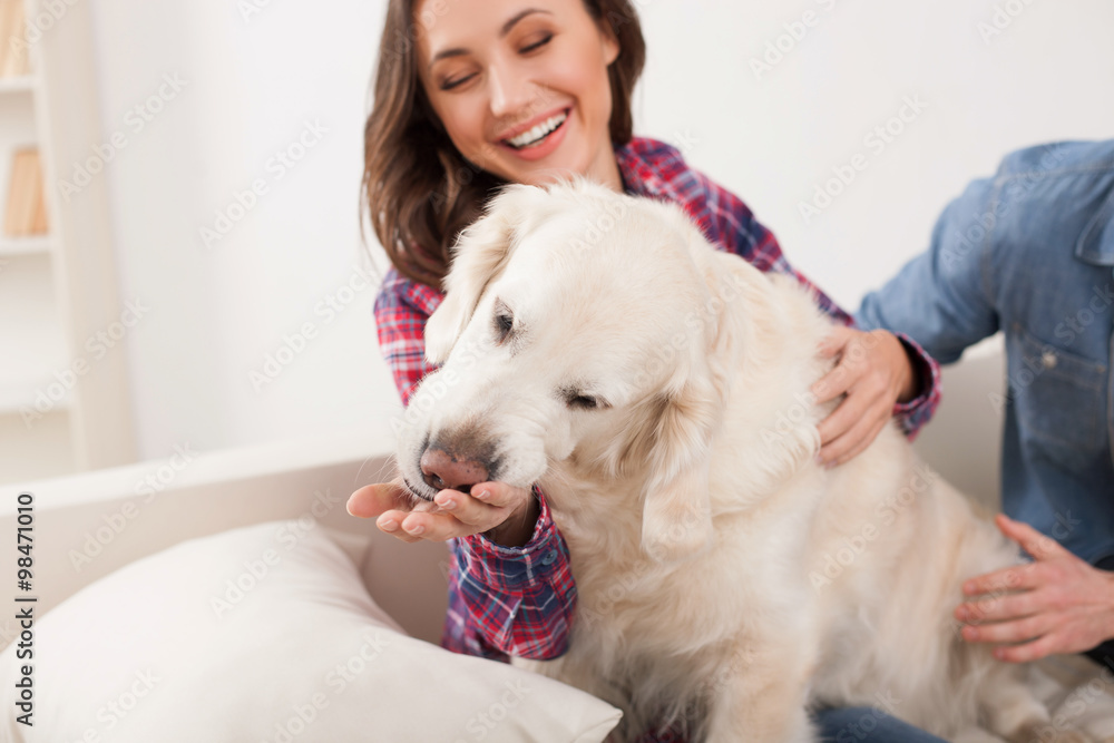 Portrait of cheerful friendly family with pretty big pet Portrait of cheerful friendly family with pretty big pet