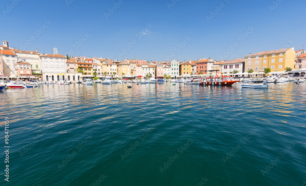 view on colorful building in harbour in Rovinj, Istria, Croatia
